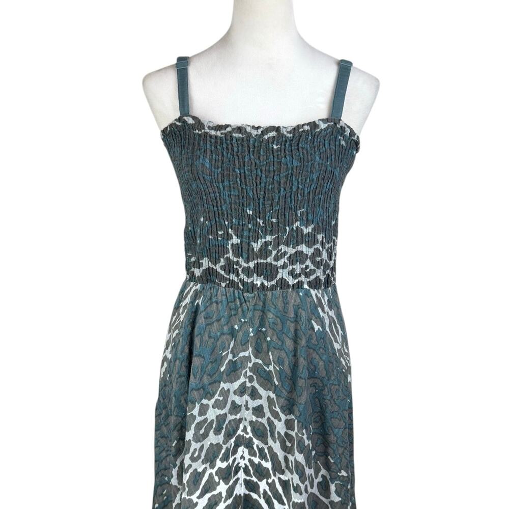 Soft Surroundings TALL Gray Teal Leopard Smocked Cotton Handkerchief Midi Dress - Picture 5 of 12